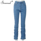 Simenual Ruched Denim High Waist Stacked Jeans