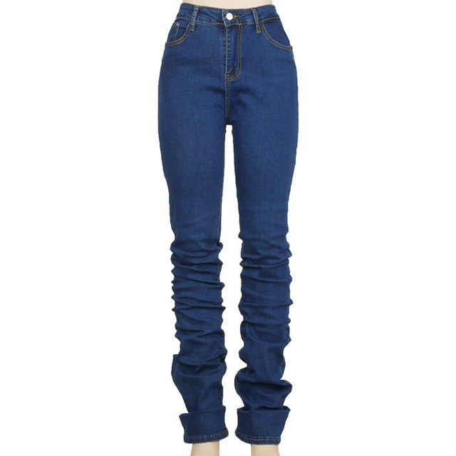 Simenual Ruched Denim High Waist Stacked Jeans